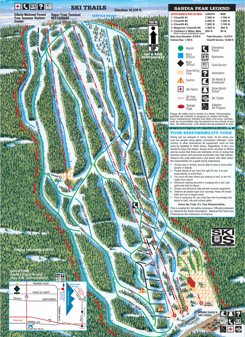 A trail map of Sandia Peak Ski Area